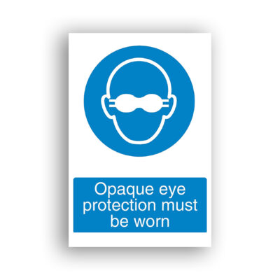 Opaque Eye Protection Must Be Worn mandatory sign safety sign with white outline of a human head wearing opaque, fully-covering goggles, centred on a solid blue circle.