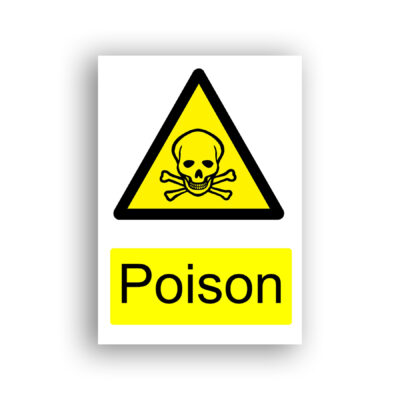 Poison warning sign safety sign with black skull and crossbones centred within a yellow equilateral warning triangle with black border.