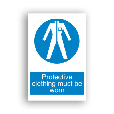 Protective Clothing Must Be Worn mandatory sign safety sign with white pictogram of a full-body coverall or protective suit centred on a solid blue circle.