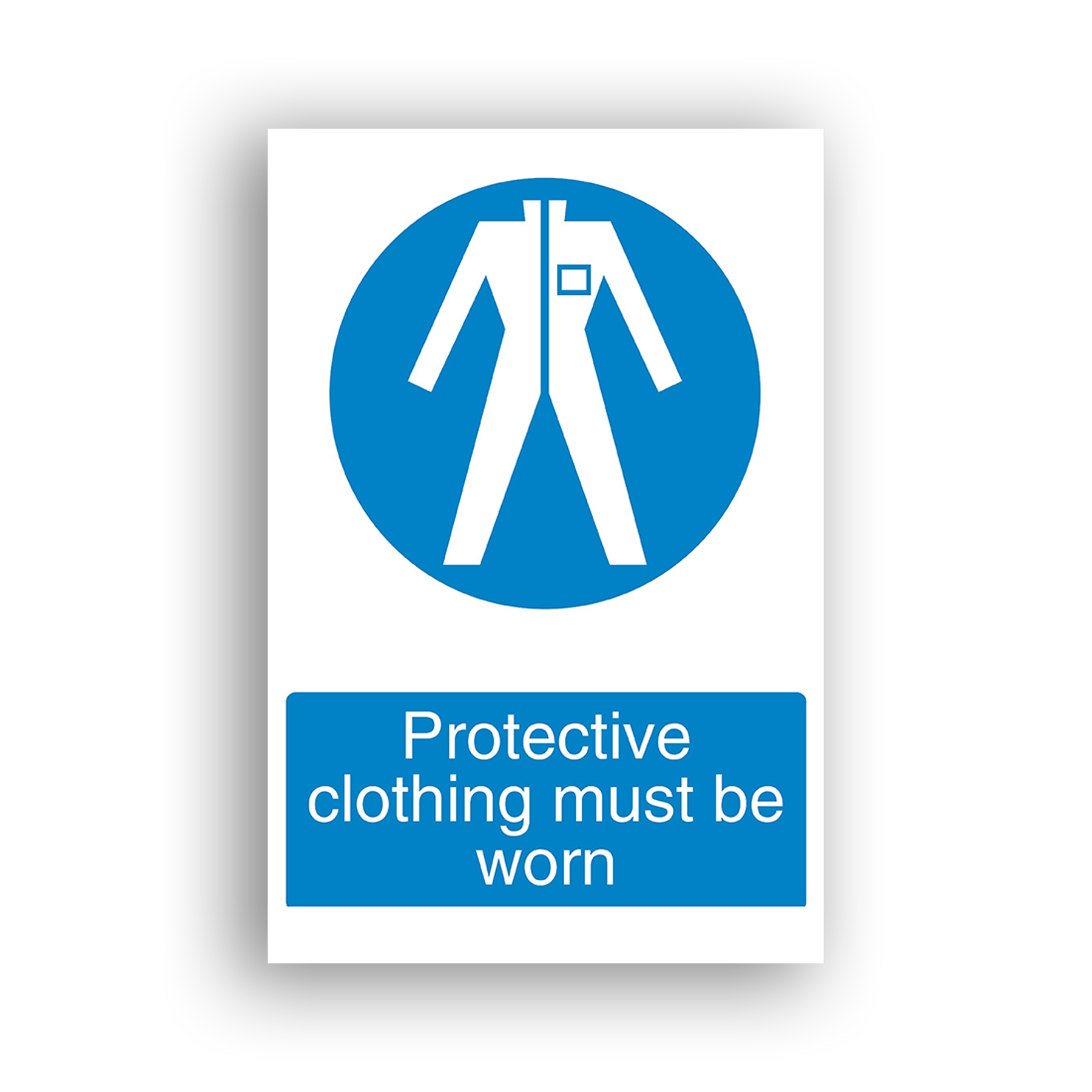 Protective Clothing Must Be Worn mandatory sign safety sign with white pictogram of a full-body coverall or protective suit centred on a solid blue circle.