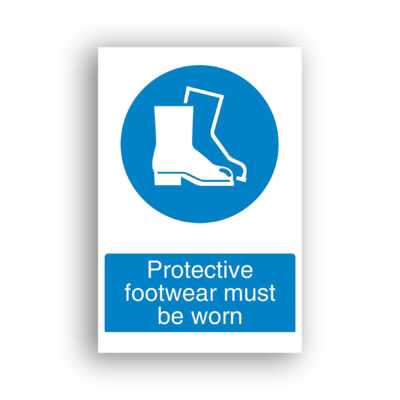 Protective Footwear Must Be Worn mandatory sign safety sign with white pictogram of two safety boots on a solid blue circular background.