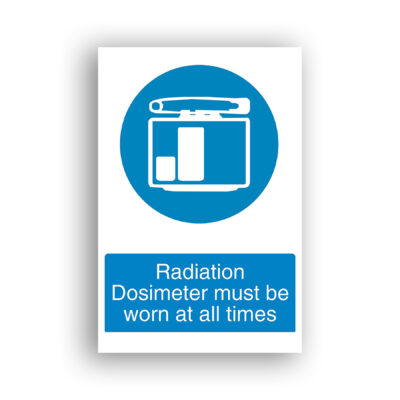 Radiation Dosimeter Must Be Worn at All Times mandatory sign safety sign with a film badge dosimeter with a safety-pin clip, shown clipped to a surface, depicted in white on a blue circular background.