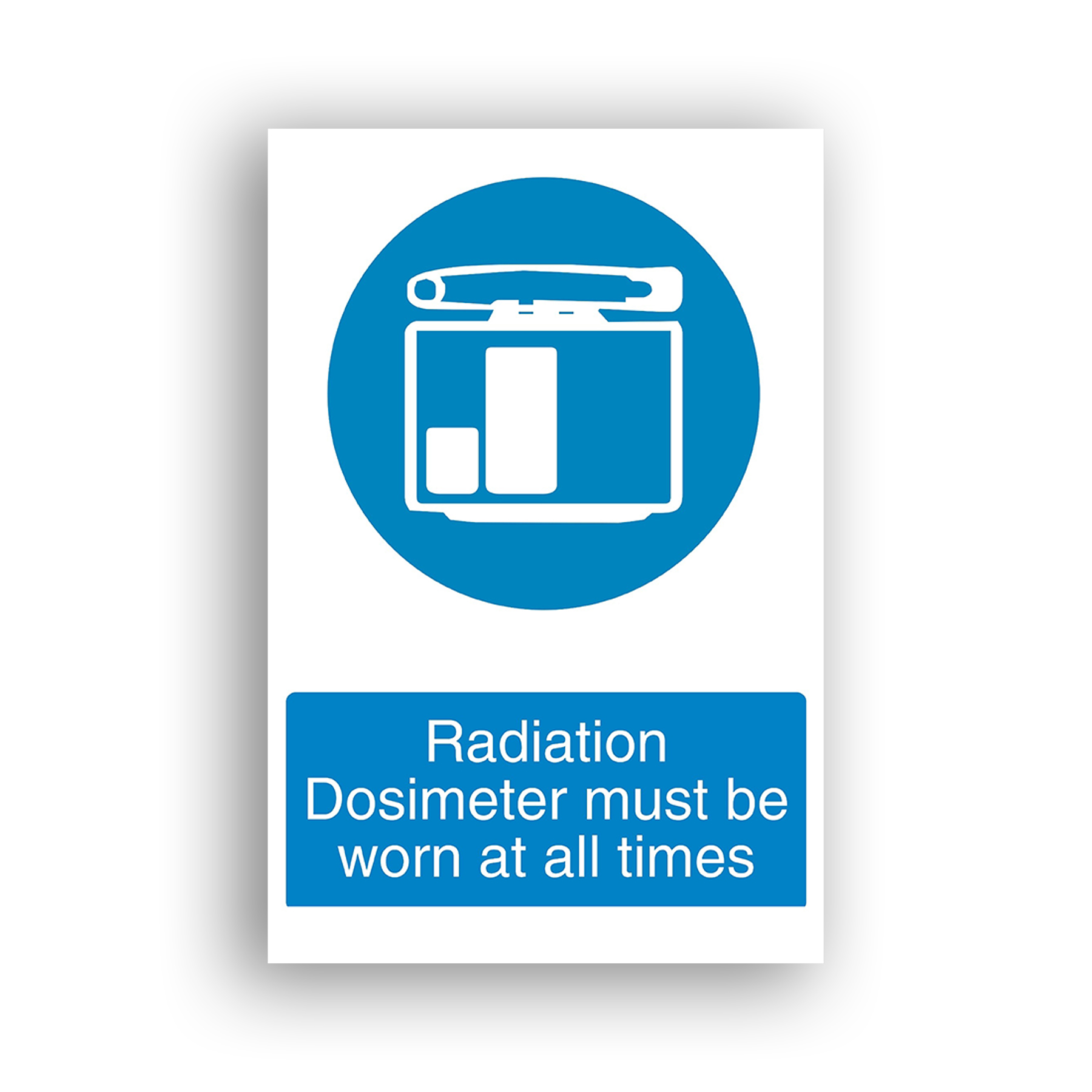 Radiation Dosimeter Must Be Worn at All Times mandatory sign safety sign with a film badge dosimeter with a safety-pin clip, shown clipped to a surface, depicted in white on a blue circular background.