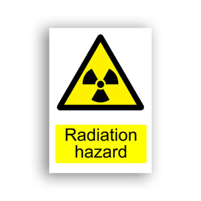 Radiation Hazard warning sign safety sign with black trefoil radiation symbol centred within a yellow equilateral warning triangle with black border.