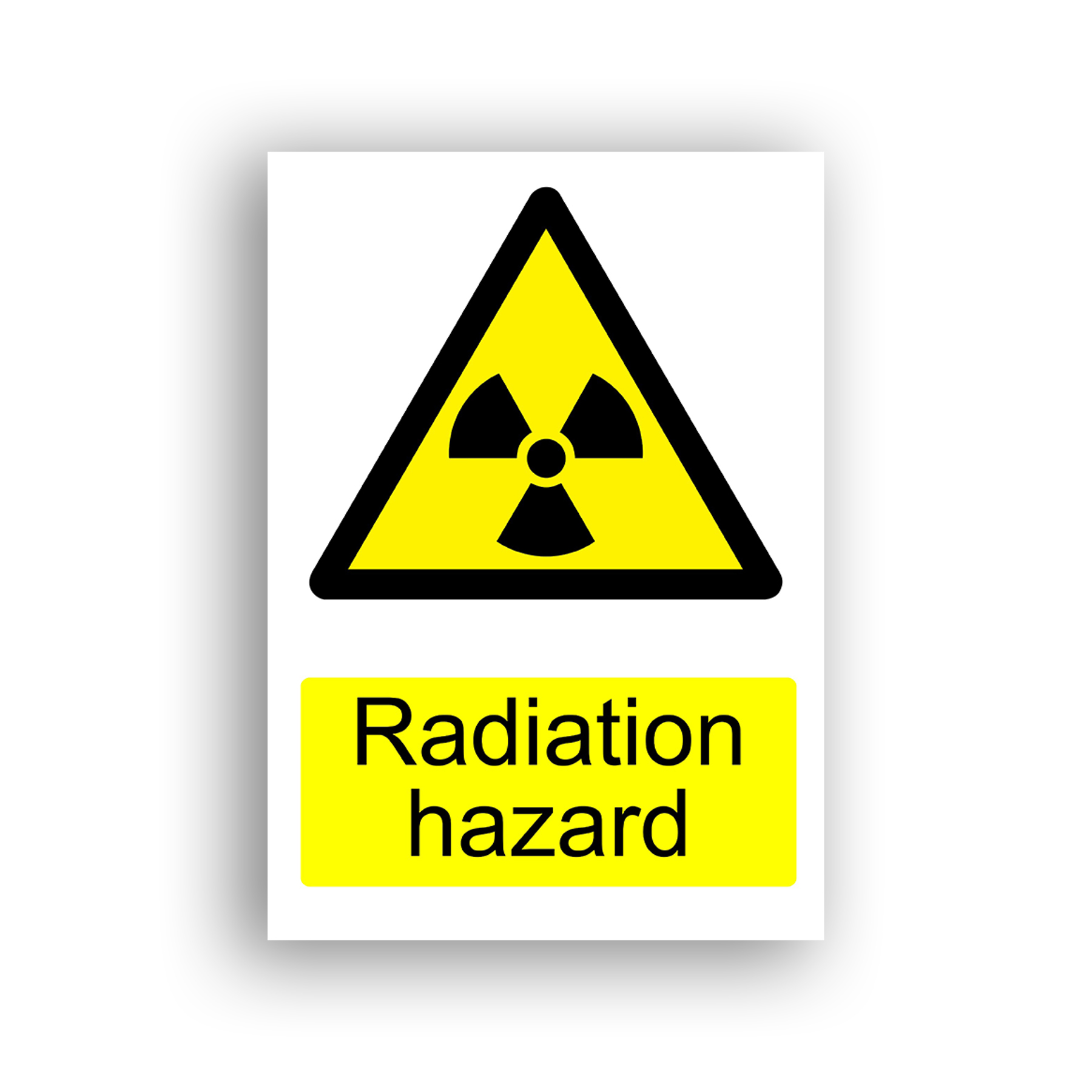 Radiation Hazard warning sign safety sign with black trefoil radiation symbol centred within a yellow equilateral warning triangle with black border.