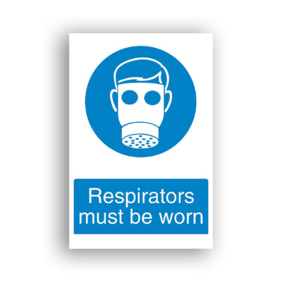 Respirators Must Be Worn mandatory sign safety sign with front-facing head wearing a full-face respirator with circular eye lenses and a cylindrical filter canister, depicted in white on a blue circular background.