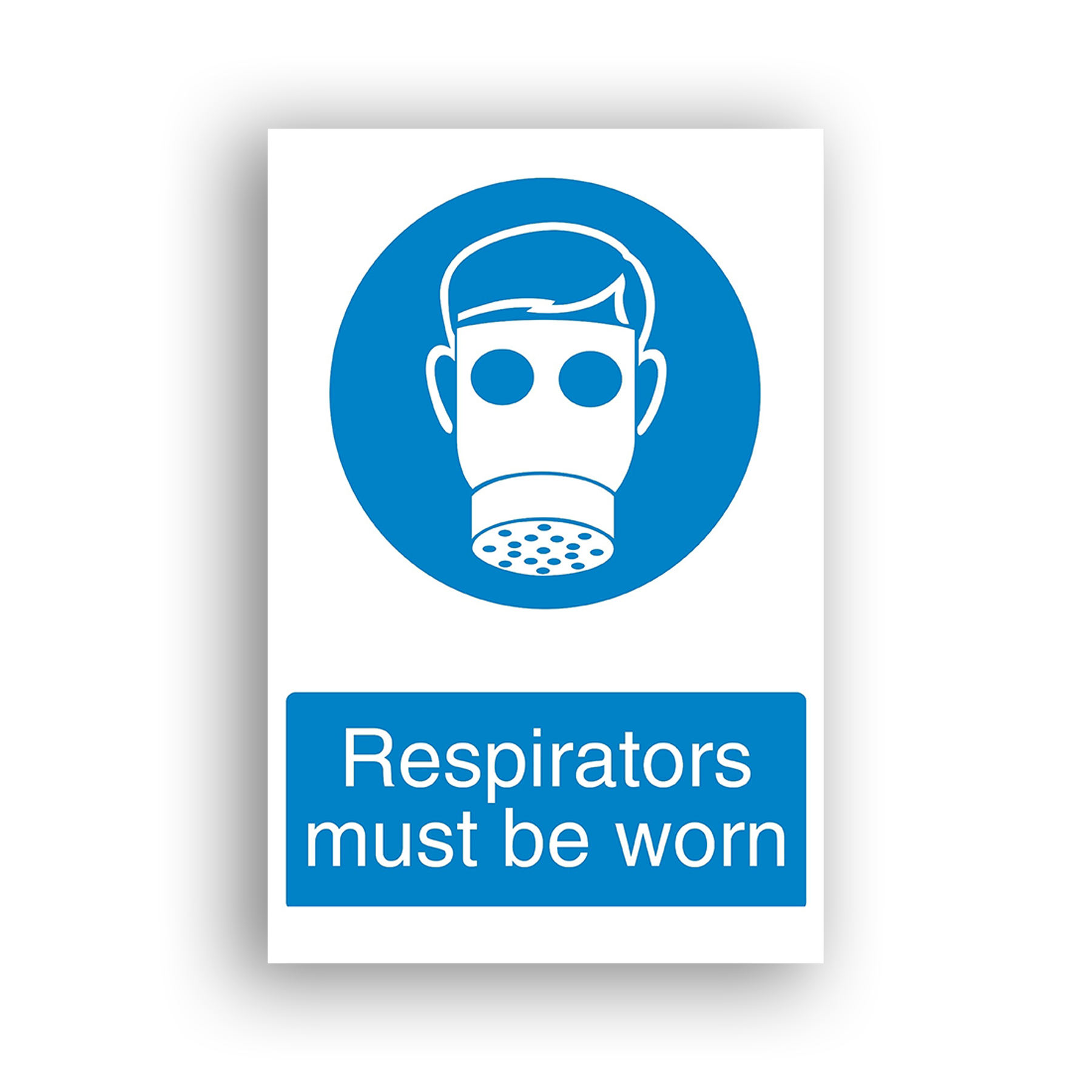 Respirators Must Be Worn mandatory sign safety sign with front-facing head wearing a full-face respirator with circular eye lenses and a cylindrical filter canister, depicted in white on a blue circular background.