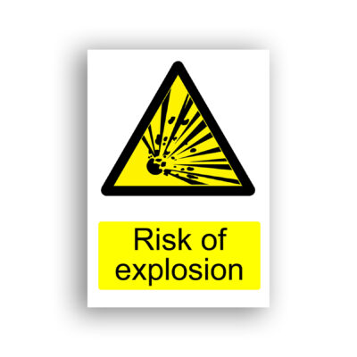 Risk of Explosion warning sign safety sign with a black explosion burst with radiating lines and debris fragments, centred within a yellow equilateral warning triangle with a black border.