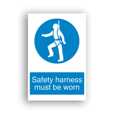 Safety Harness Must Be Worn mandatory sign safety sign with white silhouette of a worker suspended by a fall-arrest lanyard attached to an anchor point above, wearing a full-body safety harness.