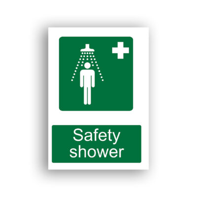 Safety Shower safe condition sign safety sign with a white pictogram of a standing human figure beneath an overhead shower head with water droplets falling, accompanied by a white first-aid cross in the upper right corner, on a green background.