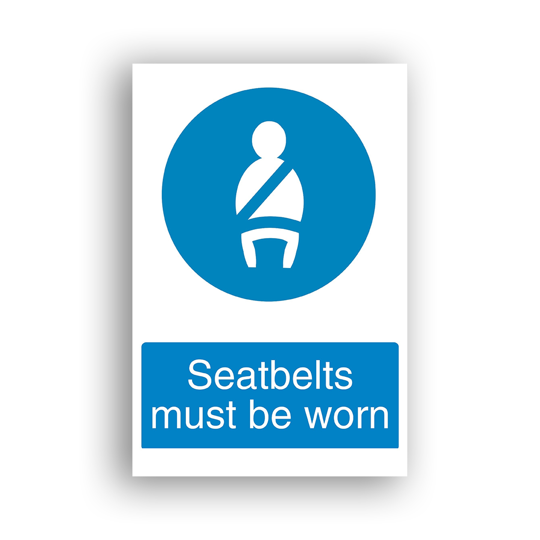 Seatbelts Must Be Worn mandatory sign safety sign with white pictogram of a seated human figure wearing a diagonal shoulder-and-lap seatbelt, centred on a solid blue circle.