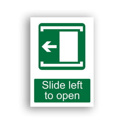 Slide Left to Open safe condition sign safety sign with a white rectangular door panel shown sliding to the left within a framed track, accompanied by a left-pointing arrow.