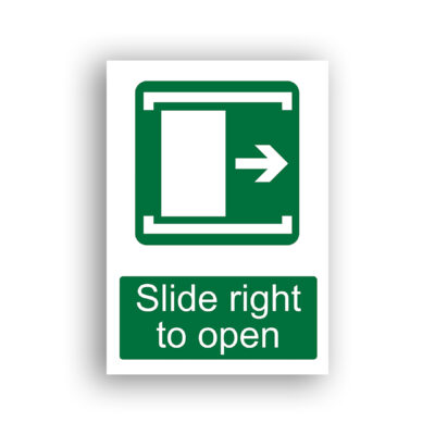 Slide Right to Open safe condition sign safety sign with a white rectangular door panel shown partially open within a sliding-door frame, with a right-pointing arrow indicating the direction of travel.