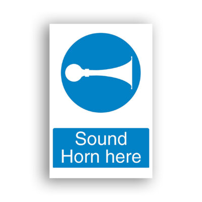 Sound Horn Here mandatory sign safety sign with a white air horn or bulb horn pictogram centred on a solid blue circle.