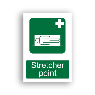Stretcher Point safe condition sign safety sign with a white outline of a person lying on a stretcher with handles at each end, set within a green rounded rectangle with a white first-aid cross in the upper right corner.