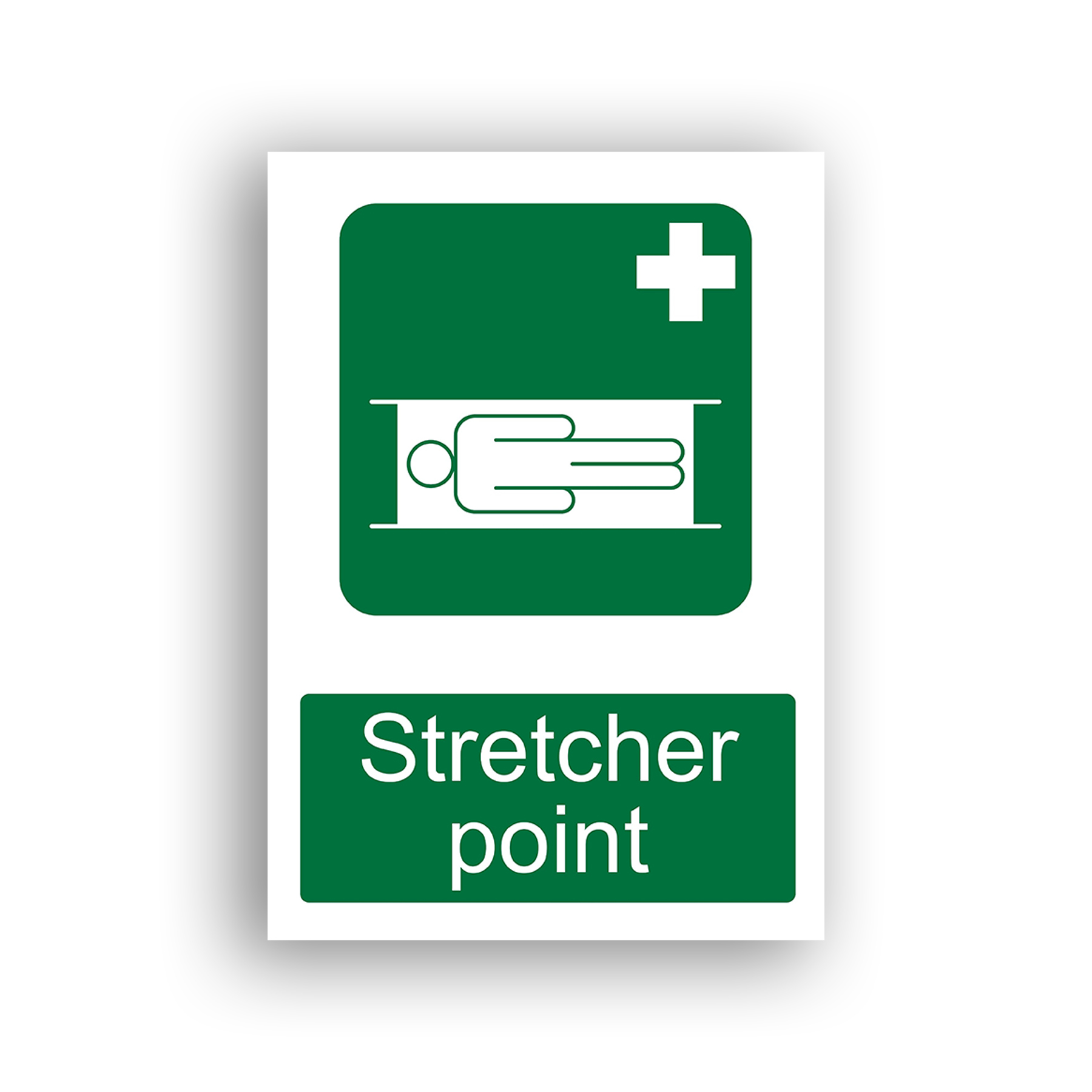 Stretcher Point safe condition sign safety sign with a white outline of a person lying on a stretcher with handles at each end, set within a green rounded rectangle with a white first-aid cross in the upper right corner.