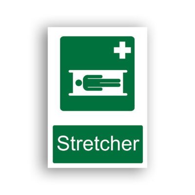 Stretcher safe condition sign safety sign with a white pictogram of a person lying on a stretcher, viewed from above, set against a green background with a white medical cross in the upper right corner.