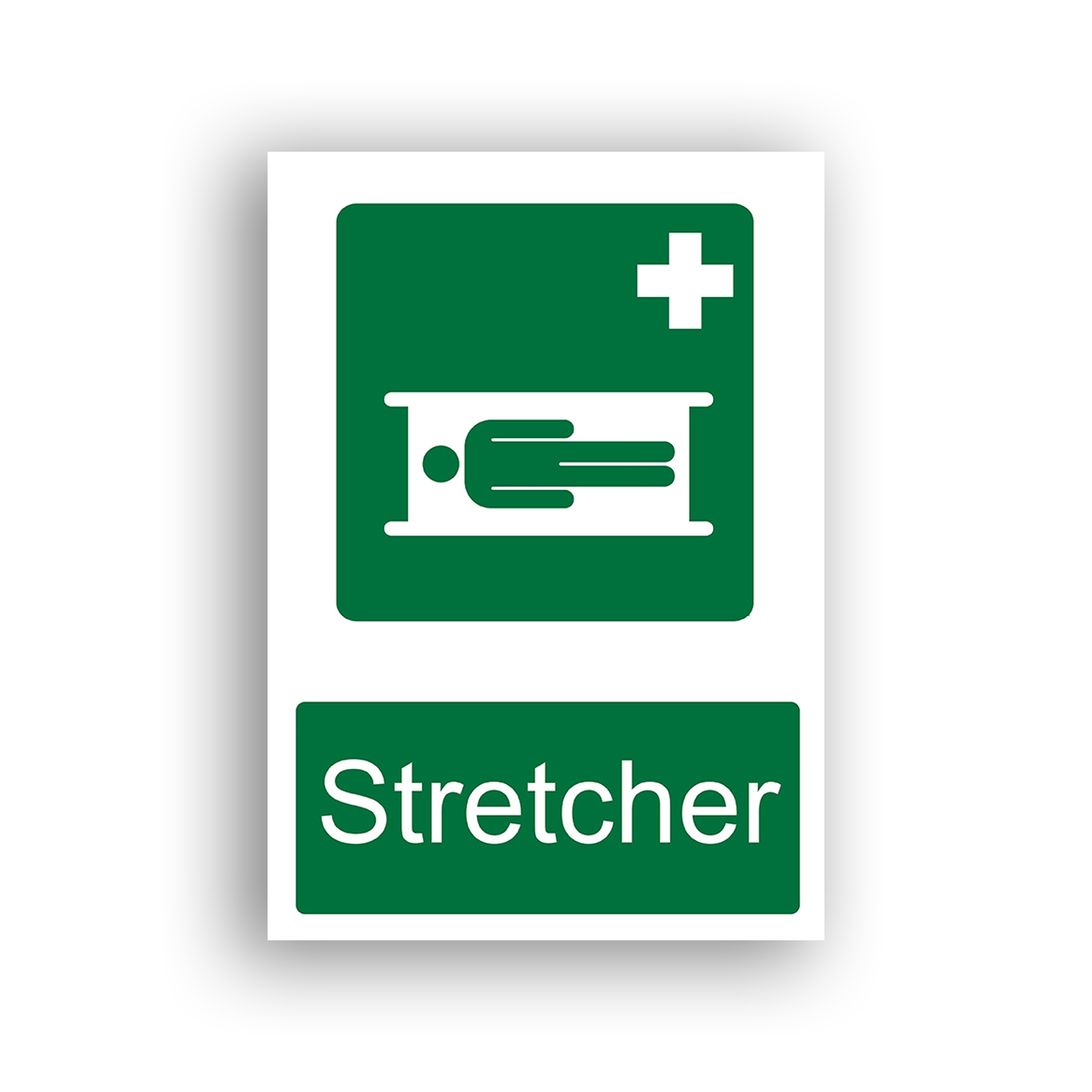 Stretcher safe condition sign safety sign with a white pictogram of a person lying on a stretcher, viewed from above, set against a green background with a white medical cross in the upper right corner.