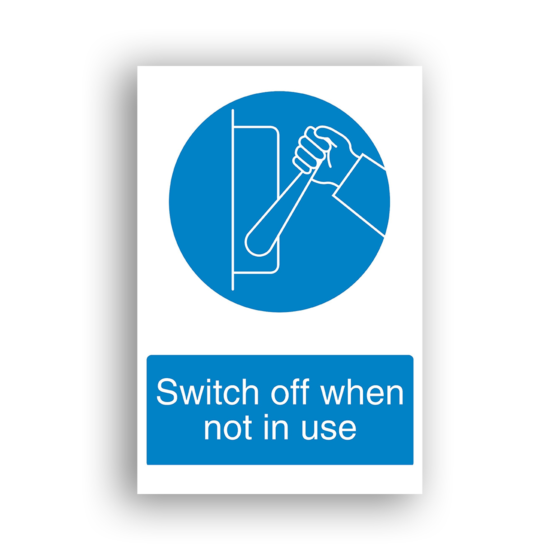 Switch Off When Not in Use mandatory sign safety sign with a hand gripping a lever-type electrical isolator switch mounted on a panel, depicted in white outline on a blue circle.