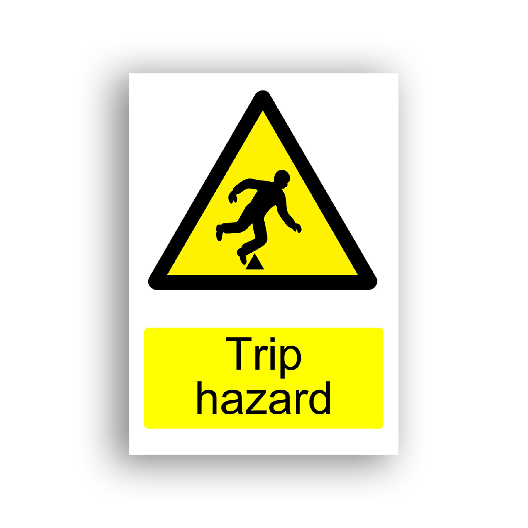 Trip Hazard warning sign safety sign with black silhouette of a person stumbling forward over a small raised obstacle, set within a yellow warning triangle with black border.