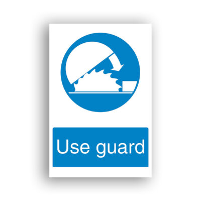 Use Guard mandatory sign safety sign with a circular saw blade with a dome-shaped blade guard being lowered over it, depicted in white on a blue mandatory circle.