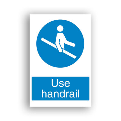 Use Handrail mandatory sign safety sign with white pictogram of a person gripping a diagonal handrail with one hand, set within a solid blue mandatory circle.