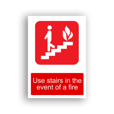 Use Stairs in the Event of a Fire fire equipment sign safety sign with white pictogram of a person descending a staircase, with a flame symbol to the upper right, on a red rounded-rectangle background.