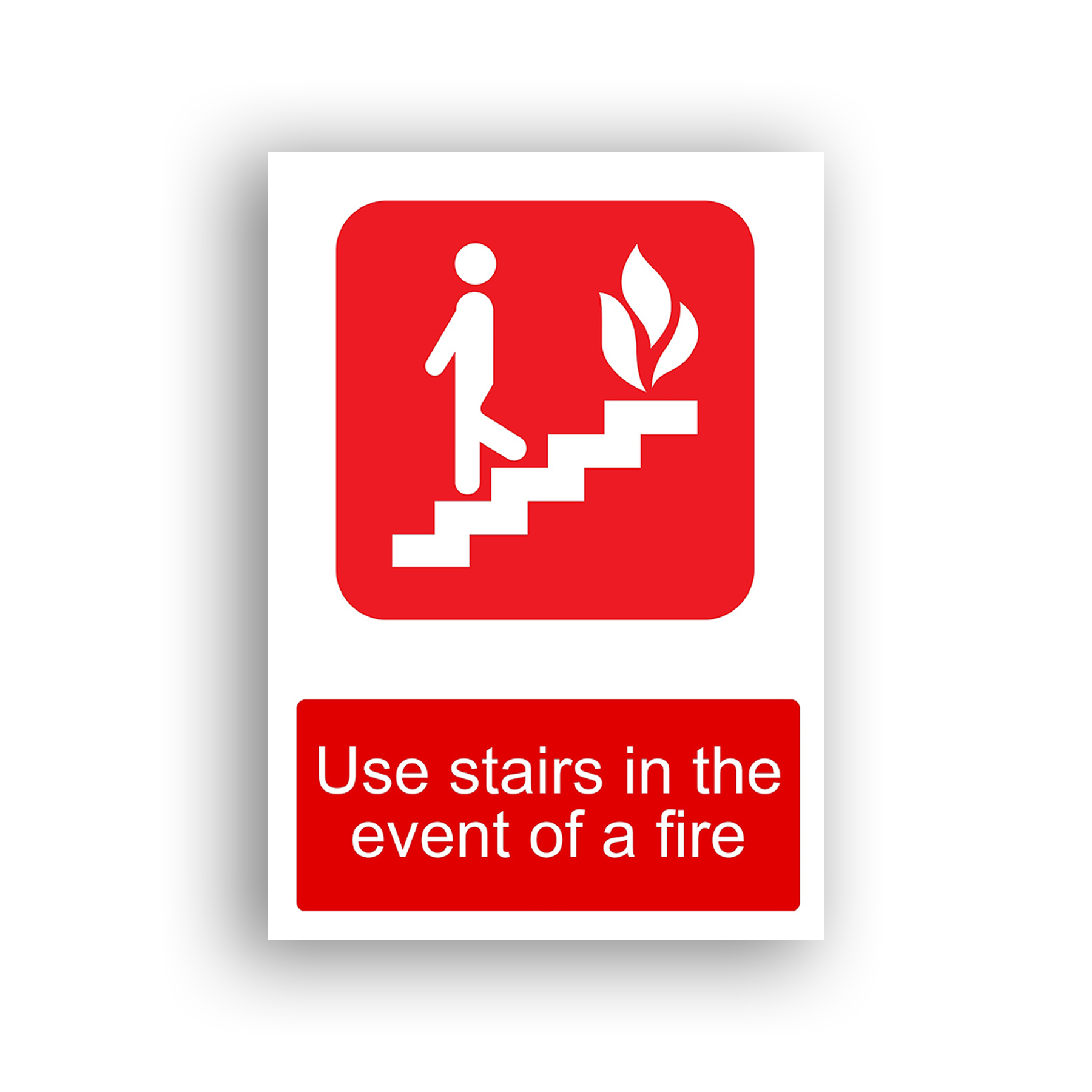 Use Stairs in the Event of a Fire fire equipment sign safety sign with white pictogram of a person descending a staircase, with a flame symbol to the upper right, on a red rounded-rectangle background.