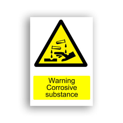 Warning Corrosive Substance warning sign safety sign with two test tubes dripping liquid onto a hand and a surface, causing visible damage, set within a black-bordered yellow warning triangle.