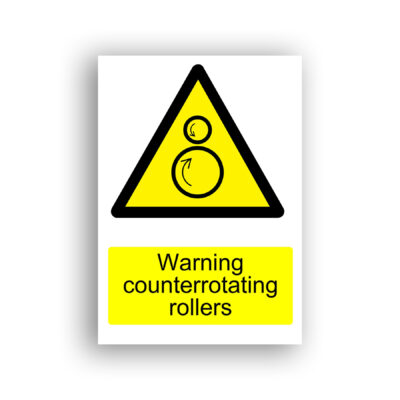Warning Counterrotating Rollers warning sign safety sign with two circles of differing sizes in contact, each bearing a curved arrow indicating opposite directions of rotation, representing a pair of counterrotating rollers.