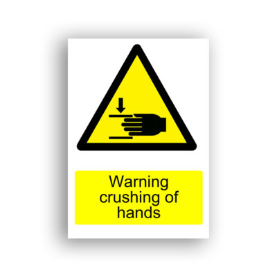 Warning Crushing of Hands warning sign safety sign with a black silhouette of a hand caught between two converging horizontal surfaces with a downward arrow indicating crushing force.