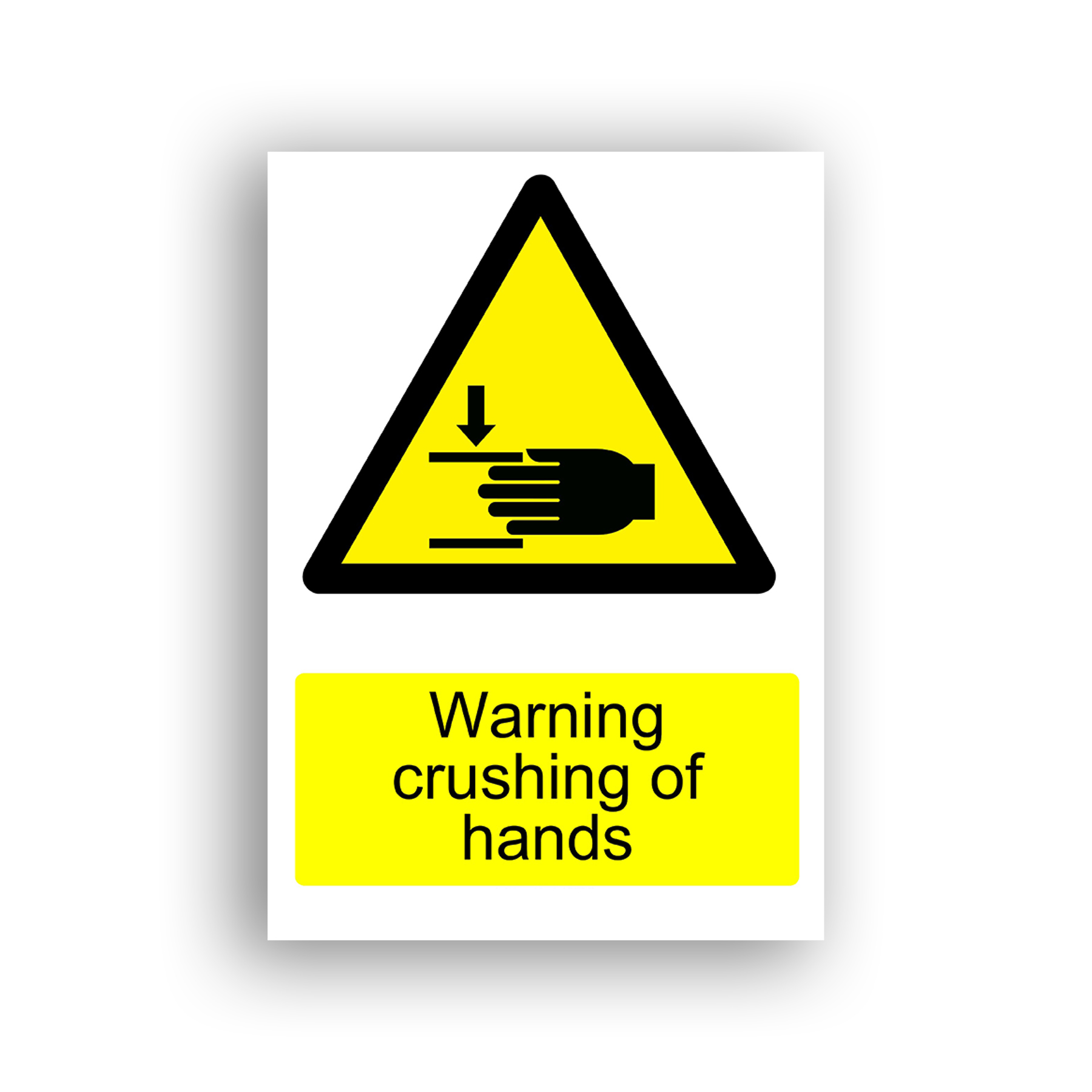 Warning Crushing of Hands warning sign safety sign with a black silhouette of a hand caught between two converging horizontal surfaces with a downward arrow indicating crushing force.