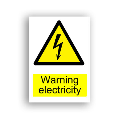 Warning Electricity warning sign safety sign with black lightning bolt arrow pointing downward inside a yellow equilateral warning triangle with black border.