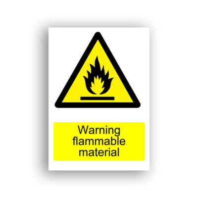 Warning Flammable Material warning sign safety sign with black flame rising from a horizontal surface, centred within a yellow equilateral warning triangle with black border.