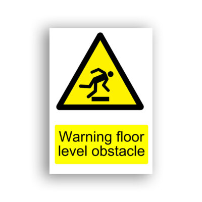 Warning Floor Level Obstacle warning sign safety sign with a stick figure tripping over a low raised obstacle on the floor, shown mid-fall with arms outstretched.