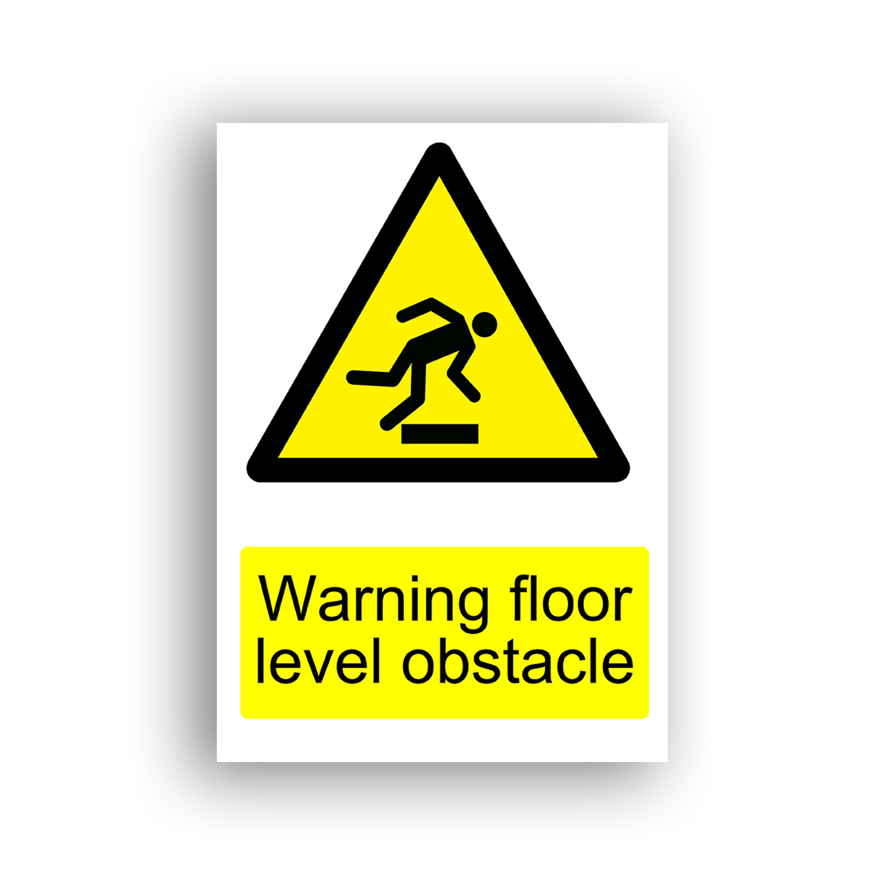 Warning Floor Level Obstacle warning sign safety sign with a stick figure tripping over a low raised obstacle on the floor, shown mid-fall with arms outstretched.