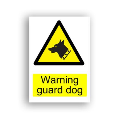 Warning Guard Dog warning sign safety sign with silhouette of a dog's head wearing a studded collar, set within a yellow equilateral warning triangle with black border.
