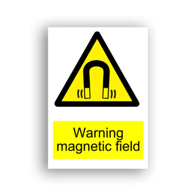 Warning Magnetic Field warning sign safety sign with a black horseshoe magnet with field lines radiating from its poles, centred within a yellow equilateral warning triangle with black border.