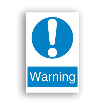 Warning mandatory sign safety sign with white exclamation mark centred on a solid blue circle.