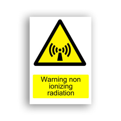 Warning Non-Ionizing Radiation warning sign safety sign with a black transmission tower emitting curved radio waves on both sides, centred within a yellow equilateral warning triangle with a black border.
