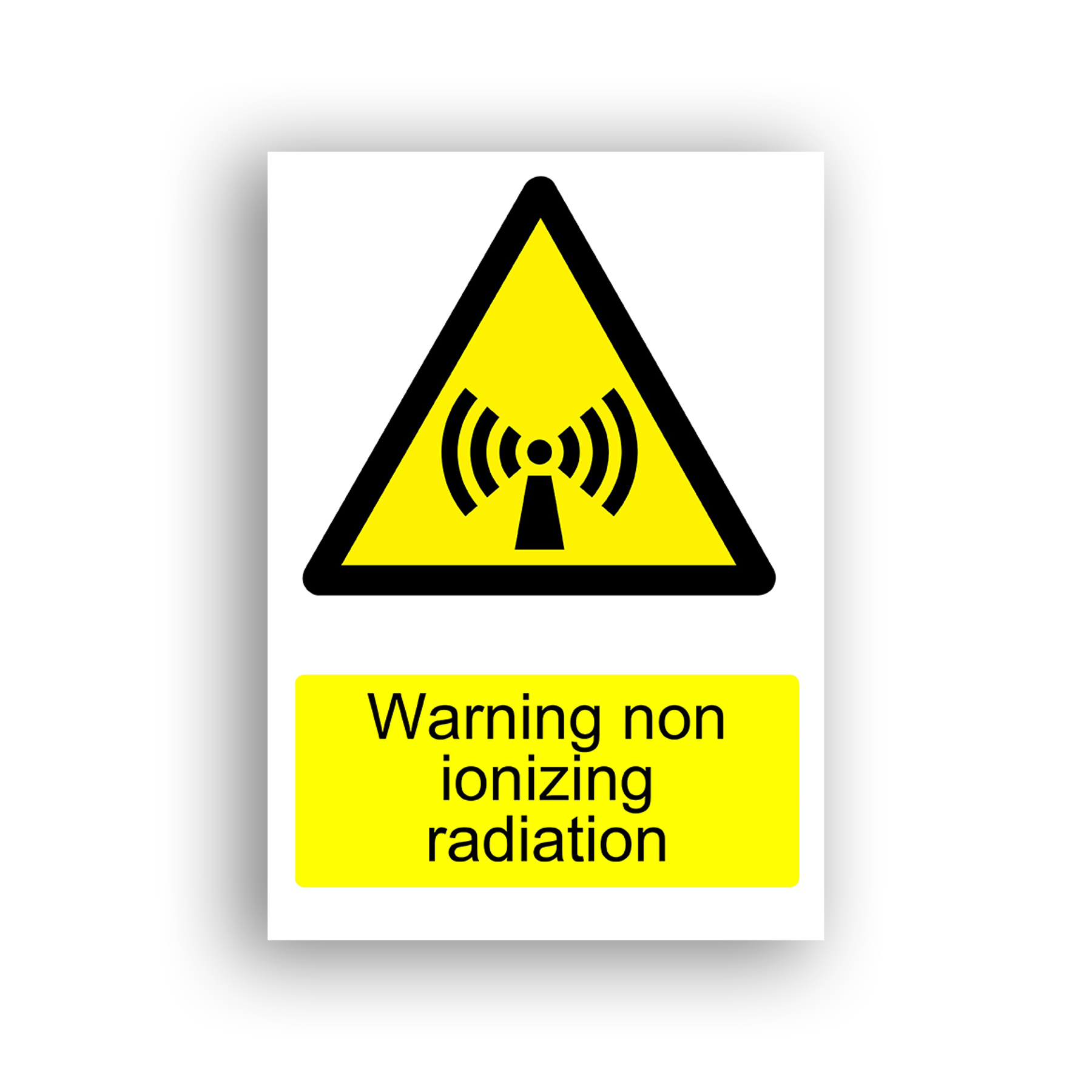 Warning Non-Ionizing Radiation warning sign safety sign with a broadcast tower emitting curved radio waves on both sides, centred within a yellow warning triangle with a black border.