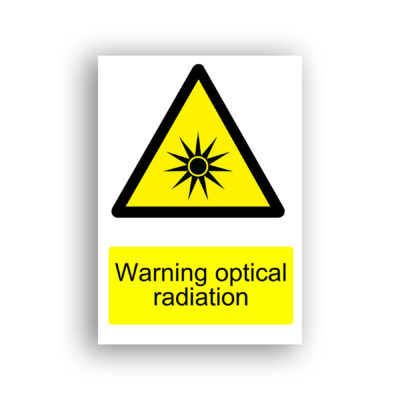 Warning Optical Radiation warning sign safety sign with a black starburst with a solid circular centre radiating sharp pointed rays, enclosed within a yellow equilateral warning triangle with a black border.