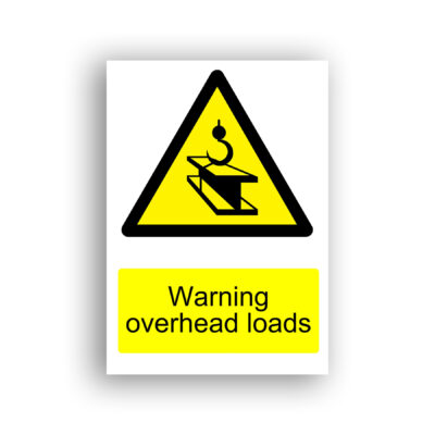 Warning Overhead Loads warning sign safety sign with a crane hook suspending an I-beam girder, depicted inside a black-bordered yellow warning triangle.