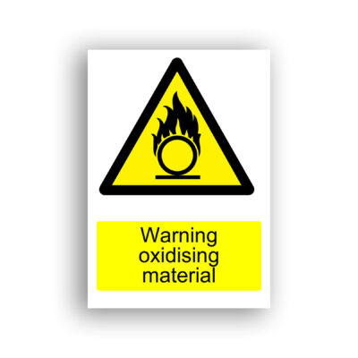 Warning Oxidising Material warning sign safety sign with a circle with flames rising from it, centred on a yellow warning triangle with a black border, representing the GHS/ISO oxidiser hazard pictogram.