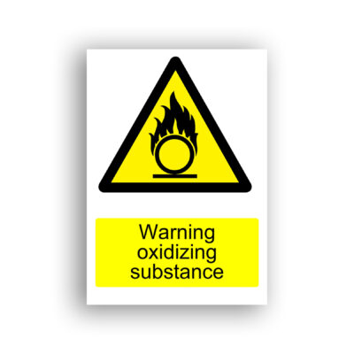 Warning Oxidizing Substance warning sign safety sign with a circle with flames rising from it, centred within a black-bordered yellow warning triangle.
