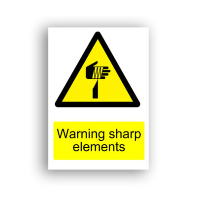 Warning: Sharp Elements warning sign safety sign with a hand being pierced by a sharp pointed object, depicted within a yellow and black ISO warning triangle.