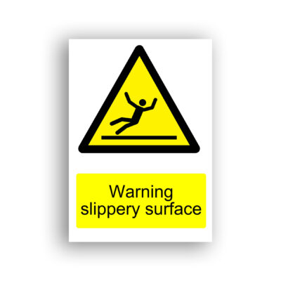 Warning Slippery Surface warning sign safety sign with a stick figure losing footing and falling backwards on a flat surface, arms raised, depicted in black on a yellow warning triangle.