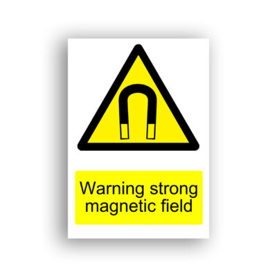 Warning Strong Magnetic Field warning sign safety sign with a horseshoe magnet with pole tips highlighted, centred within a yellow and black warning triangle.