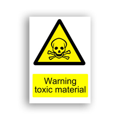 Warning Toxic Material warning sign safety sign with skull and crossbones centred within a black-bordered yellow equilateral triangle.