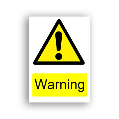 Warning warning sign safety sign with black exclamation mark centred within a yellow equilateral triangle with black border.